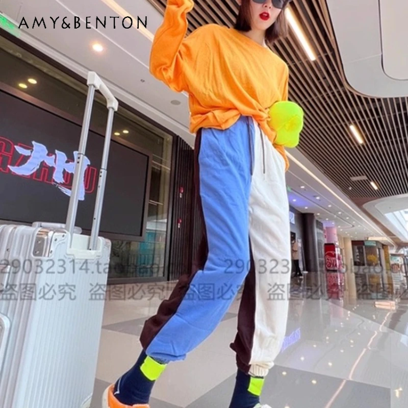 

Autumn New Korean Style Y2k Trousers Women's Loose Fashion Patchwork Color Block Casual Jogger High Waist Lace-up Long Pants