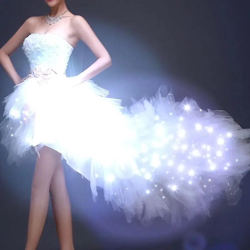 Women\'s LED Light up Dress White Wedding Prom Ball Gown Nightclub Festival Party Stage Show Strapless Rave Outfit New Fancy Suit