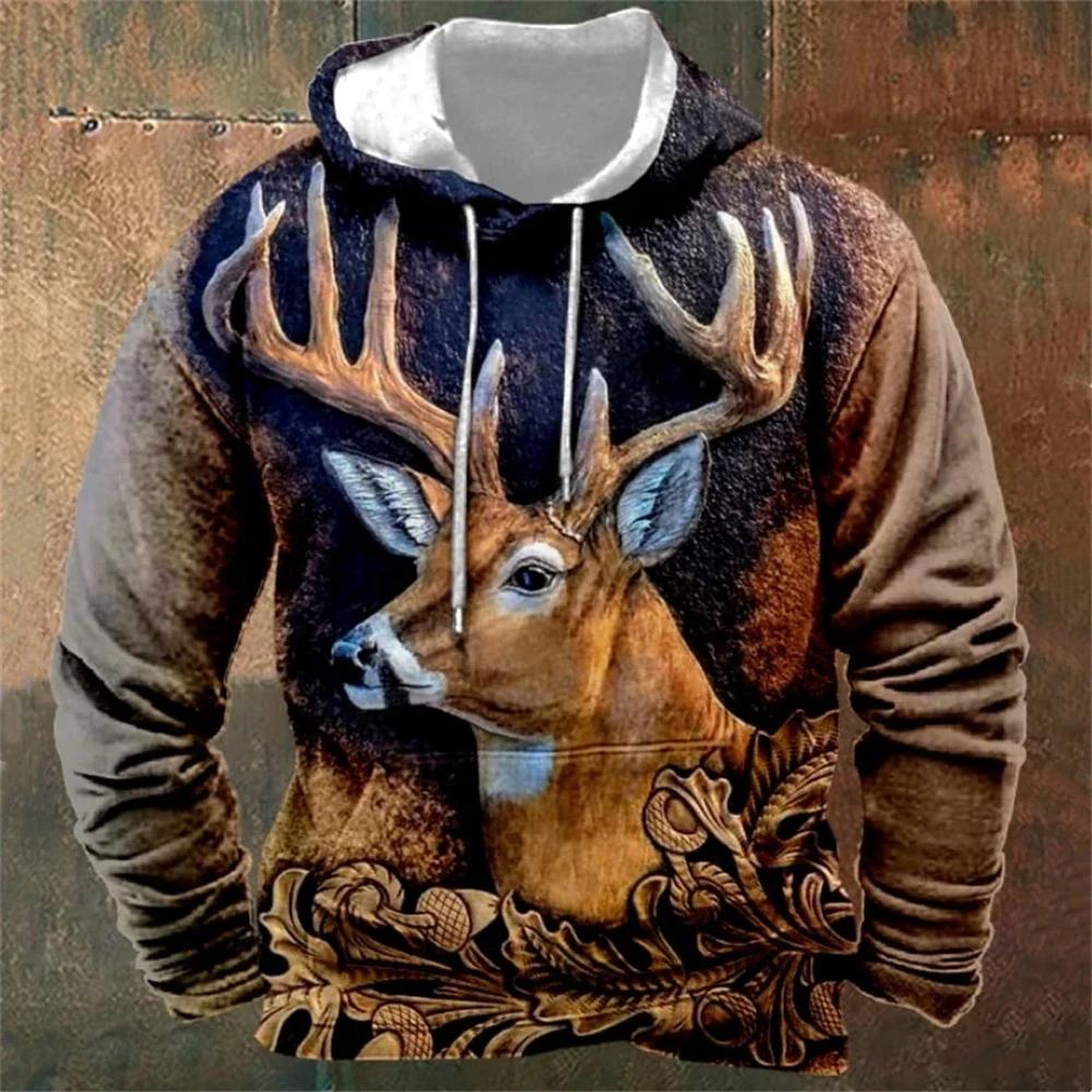 

3d Elk Print Men‘S Hooded Vintage Hoodies For Men Fashion Autumn Long Sleeve Sweatshirts Oversized Outdoor Casual Hoody Pullover