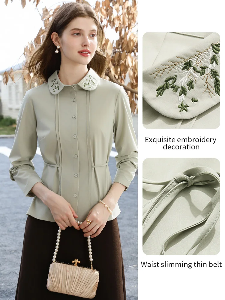 I BELIEVE YOU Green French Long Sleeved Shirt 2025 Autumn Lapel Embroidered Top Lace Up Waist Shirts Office Lady 2243055805