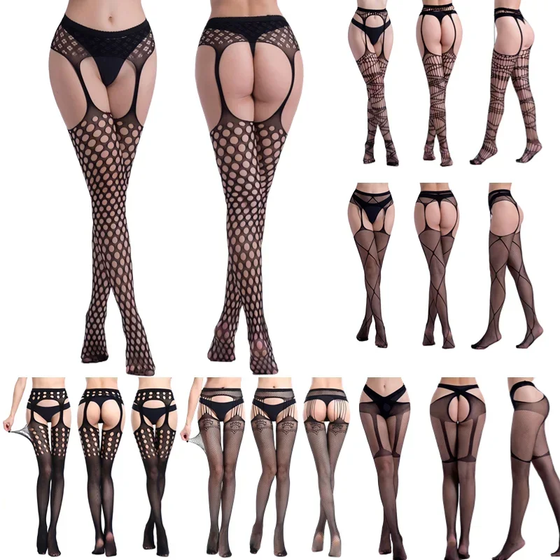 Lingerie erótica sexy quente ver através de virilha aberta meia-calça feminina fishnet malha crotchless suspensórios meias traje sexo