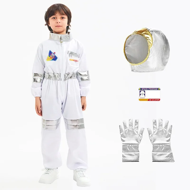 Astronaut Cosplay Spacesuit Costume Jumpsuit Workwear Uniform White Bodysuit with Hood Gloves Full Set for Girls Boys view 3