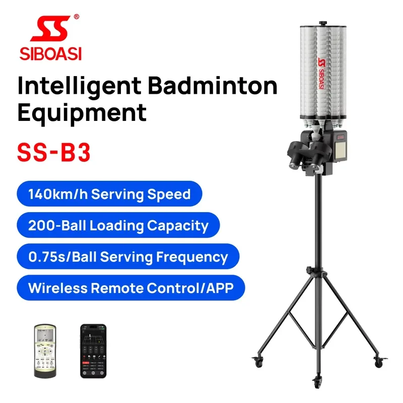 SIBOASI SS-B3 Badminton Ball Machine-Adjustable & Portable ABS/Metal 200-Shuttle Capacity AI Voice Control