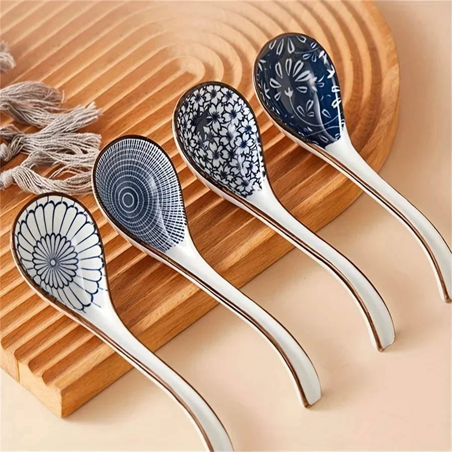 Ceramic Spoons, Long Handle, Easy to Grip, Non-slip Bottom, Suitable for Japanese Ramen, Chinese-Vietnamese Wonton, Noodle Spoon