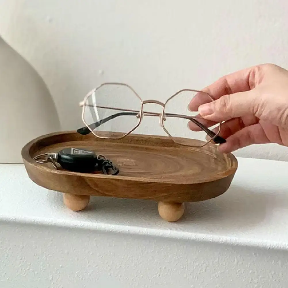 Elegant Wooden Tray Convenient Pedestal Stand Plate Multifunctional Key Jewelry Home Storage Food Dessert Display Trays Decor