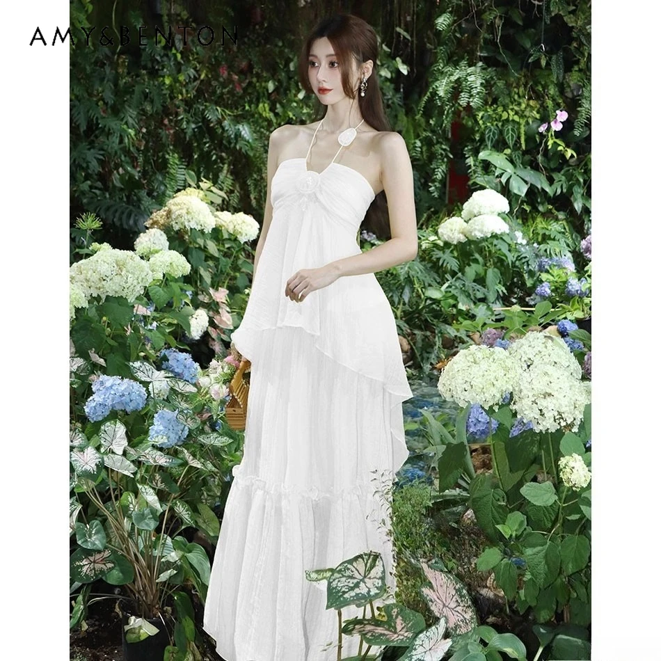 

2025 Summer New French Style Beach Vacation Style Blue Green White Yellow Elegant Halter Loose Long Strap Dress