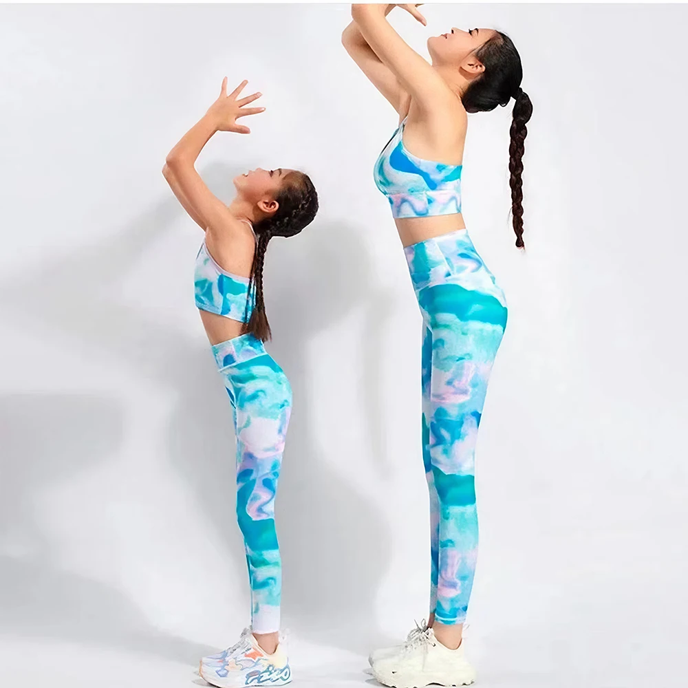 UFO032 Ölgemälde Mutter-Tochter Yoga Set 2-Teilig Schnelltrocknend Partnerlook Sport