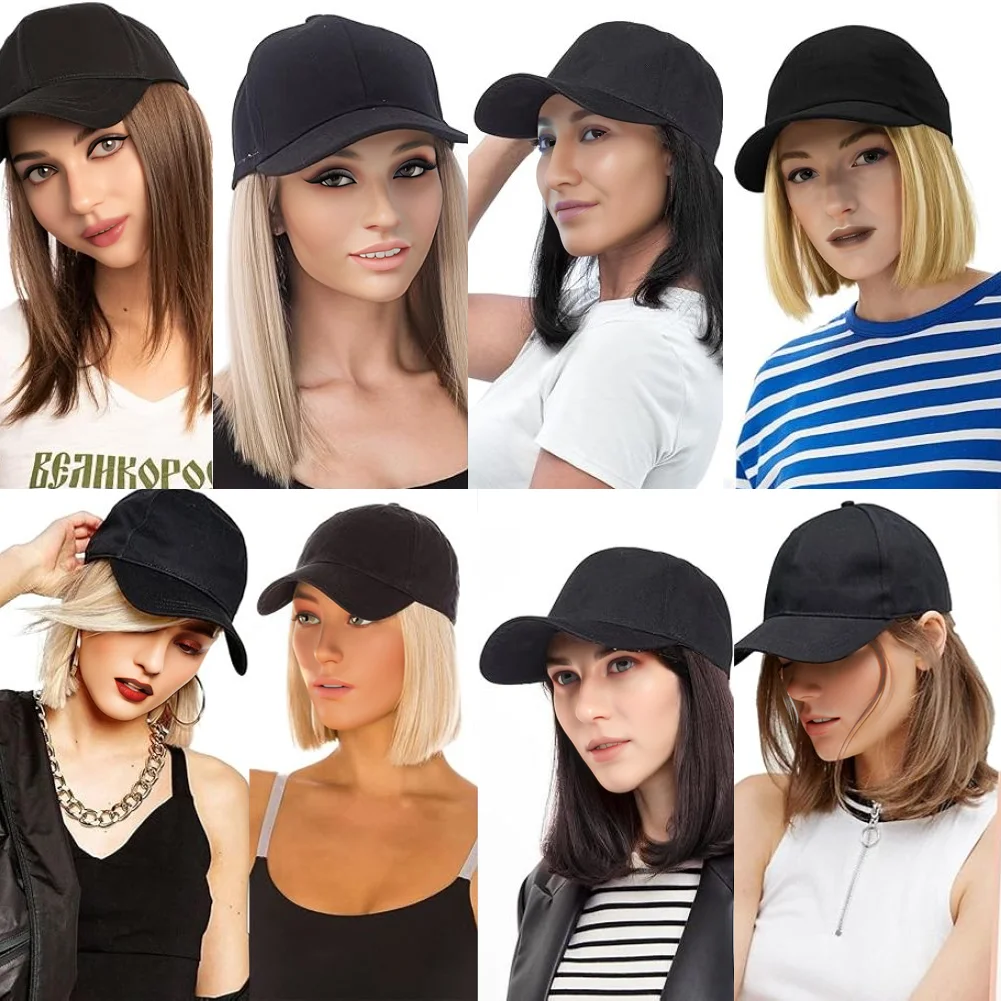 Gorra de béisbol con extensiones de cabello sintético, peinado Bob corto liso, peluca extraíble ajustable, sombrero de 10 pulgadas para mujer y niña