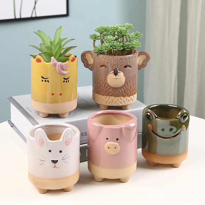 Cute Animal Ceramic Pot Handmade Colorful Succulent Planter Pen Holder Decor