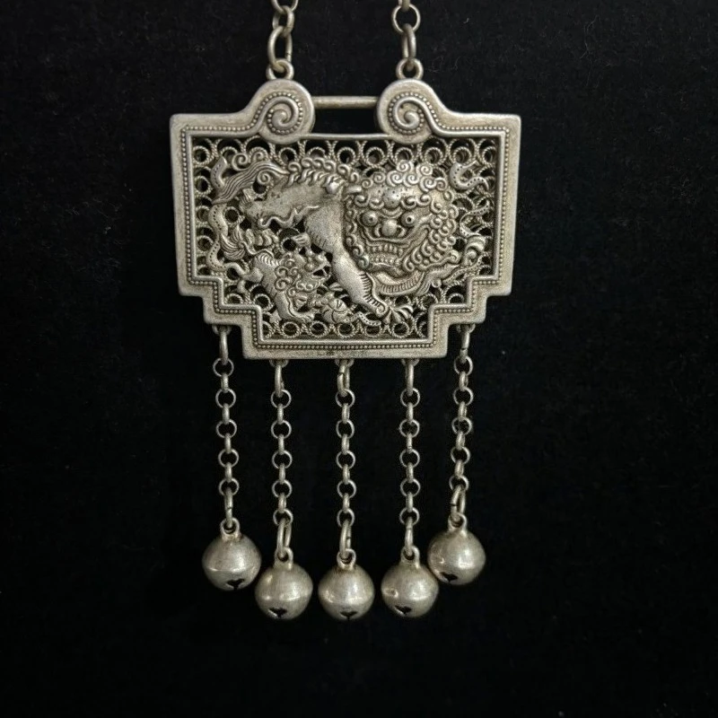 Retro Silver Plated Yajin Lock Necklace, Hollow Double Sided Carving Filigree Craft, Antique Chinese Collectible Pendant Jewelry
