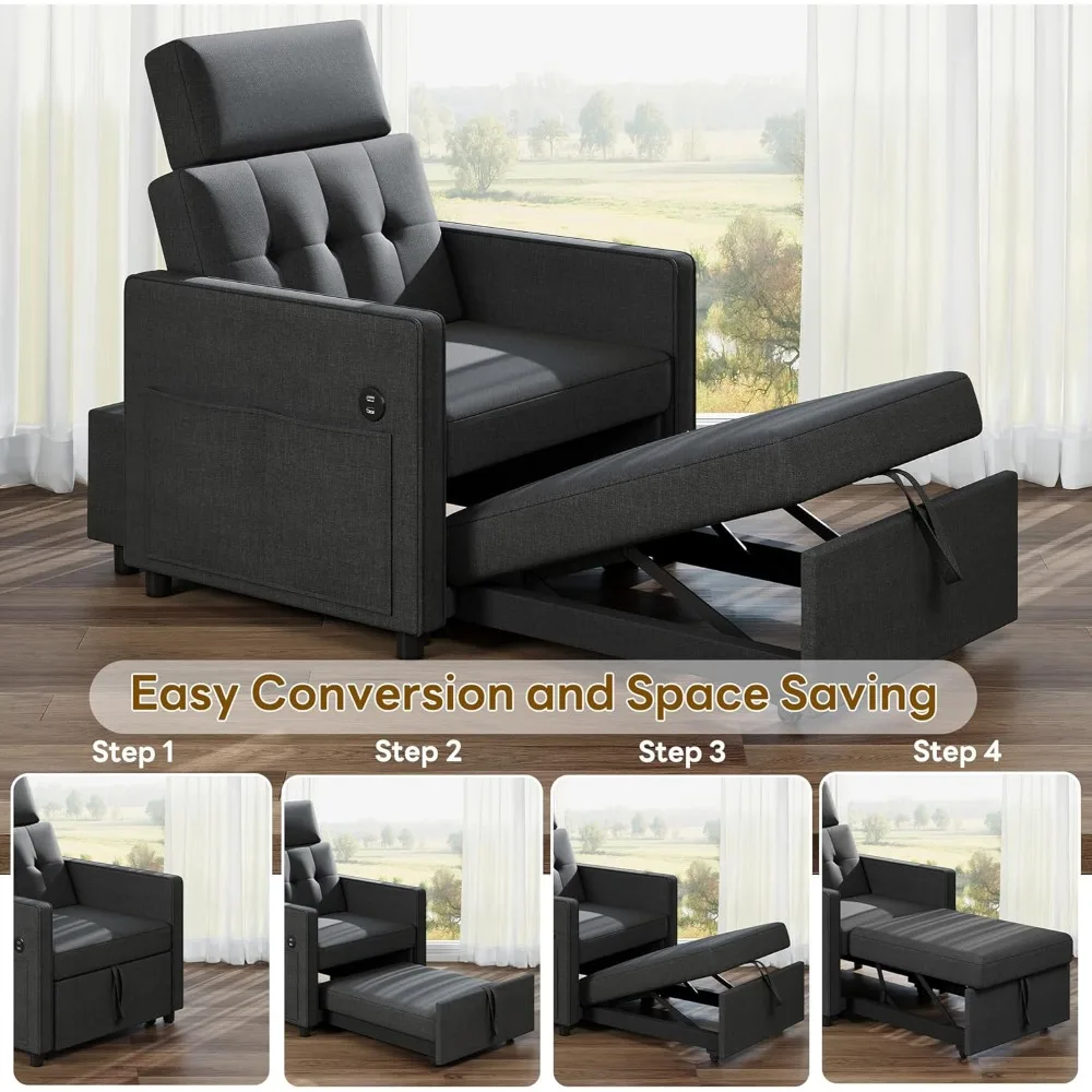 سرير كرسي أريكة 3 في 1 قابل للتحويل مع سرير مفرد قابل للسحب، مسند ظهر قابل للتعديل، قماش كتان لراحة غرفة المعيشة #4
