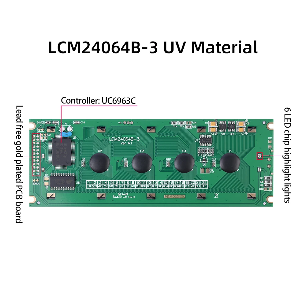 LCM24064B-3 uv素材LCDモジュール、オレンジライト、ブラックキャラクターコントローラー、uc6963c、108x65mm、240x64、工場直送