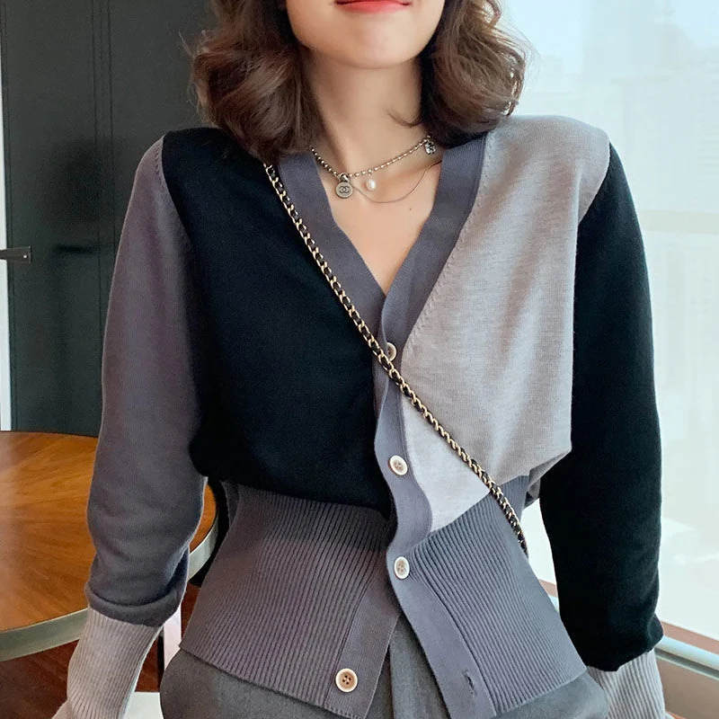 

Весенне-осенний новый модный свитер с v-образным вырезом и длинными рукавами, женский уличный кардиган на пуговицах контрастного цвета, элегантные тонкие винтажные топы
