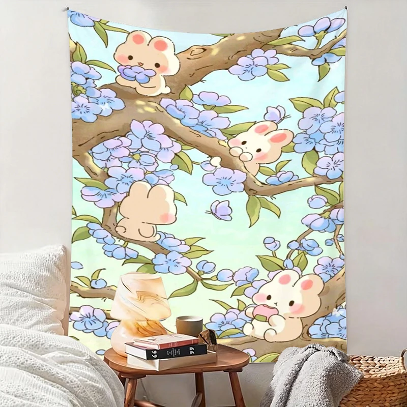 1PC Cartoon Rabbit Cherry Art Print Backdrop Banner, Bedroom Living Room Photo Background, Polyester, Home Decor, Wall Art