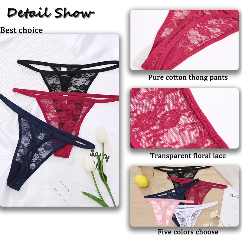 Bragas de encaje de 5 piezas para mujer, lencería Floral, Tanga Sexy, ropa interior femenina, íntima