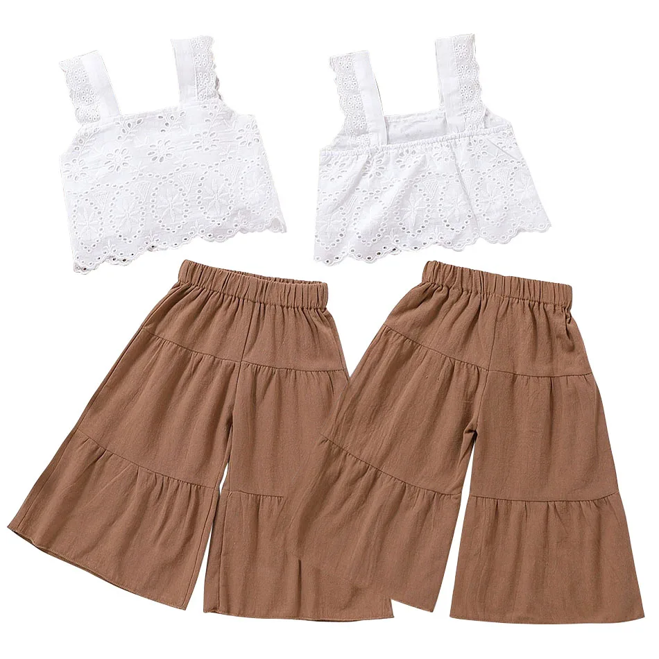 Girls Summer New Clothing Children Sets Solid Color Refreshing Casual Sleeveless Pullover Cropped Pants Thin Soft 2Pcs Outfits