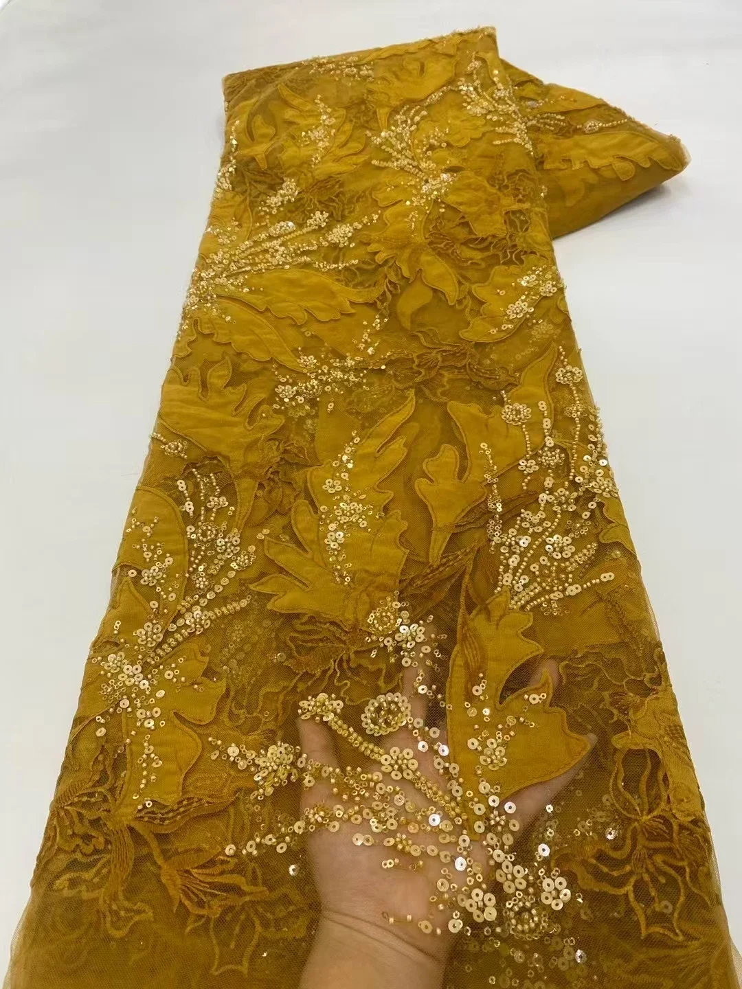 

Latest Gold African Nigerian Beads Sequins Lace Fabric 2025 Beaded French Nigerian Tulle Lace Fabric For Women Dress LXX25145