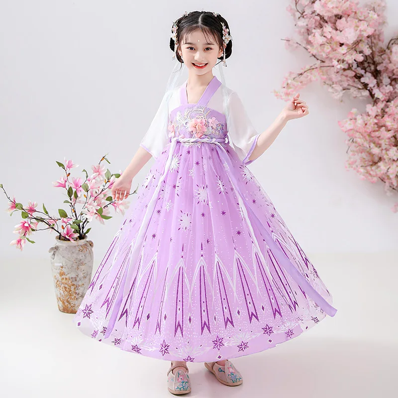 

Girls Hanfu Summer Short Sleeve Chinese Confucian Dress Bohemian Style Cosplay Costumes Children Ethnic Prom Gown Princess Frock