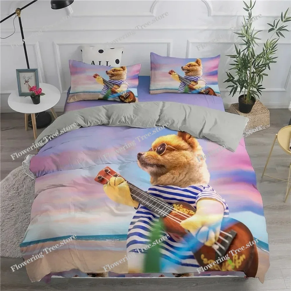 Pomeranian Dog King Queen Duvet Cover Puppy Bedding Set for Teens Adults Pet Animal Colorful Sky Polyester Quilt Cover