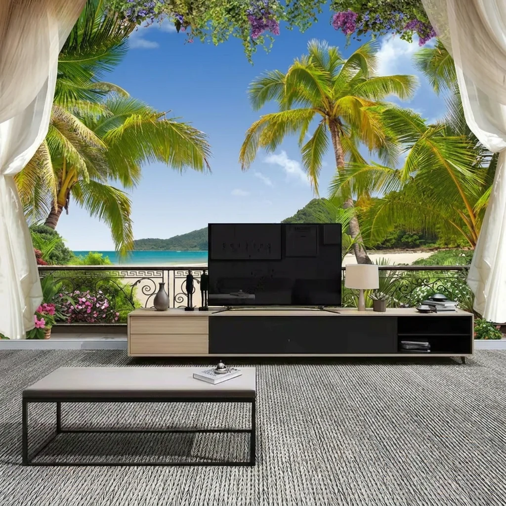 Tropical island resort scenery, balcony view, background wall for living room and bedroom, self-adhesive material.