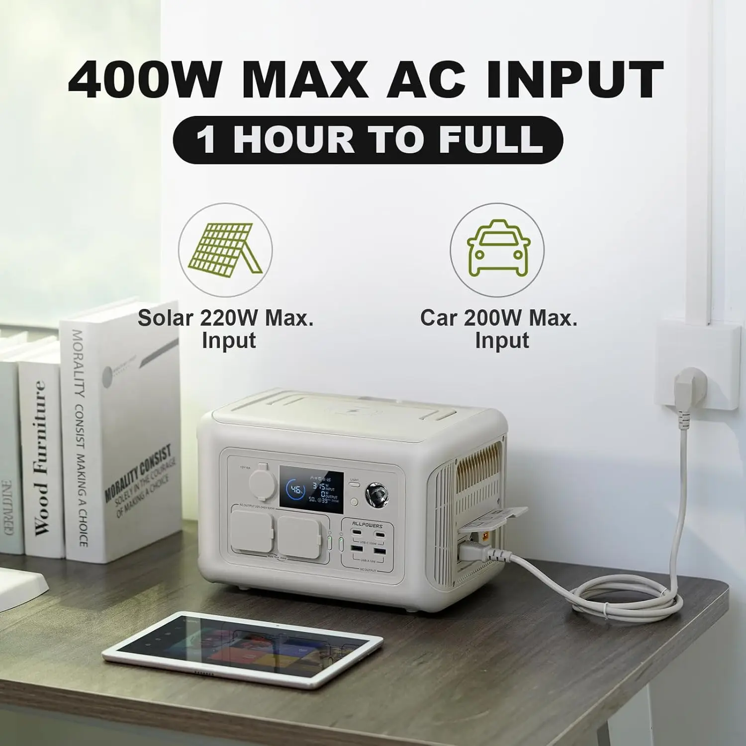 Portable Power Station, LiFePO4 Battery Backup with UPS Function, 1 Hour to Full 400W Input