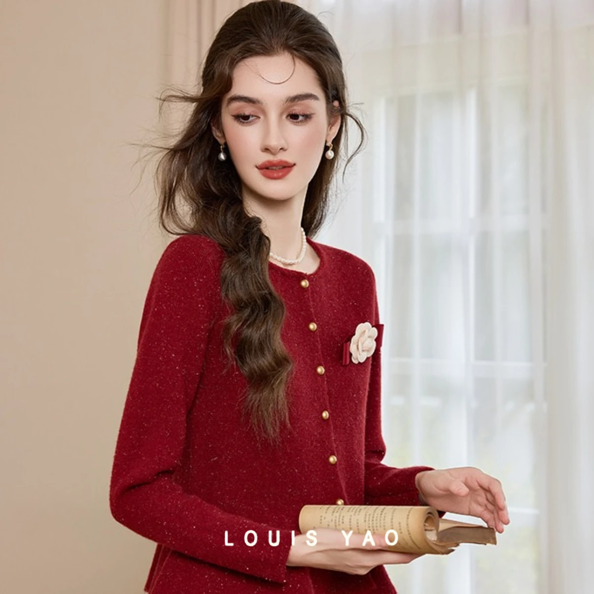 

LOUIS YAO Detachable Flower Knitted Coat 2025 Autumn/Winter England Style Cardigan Ruffle Waist Women's Knitted Sweater