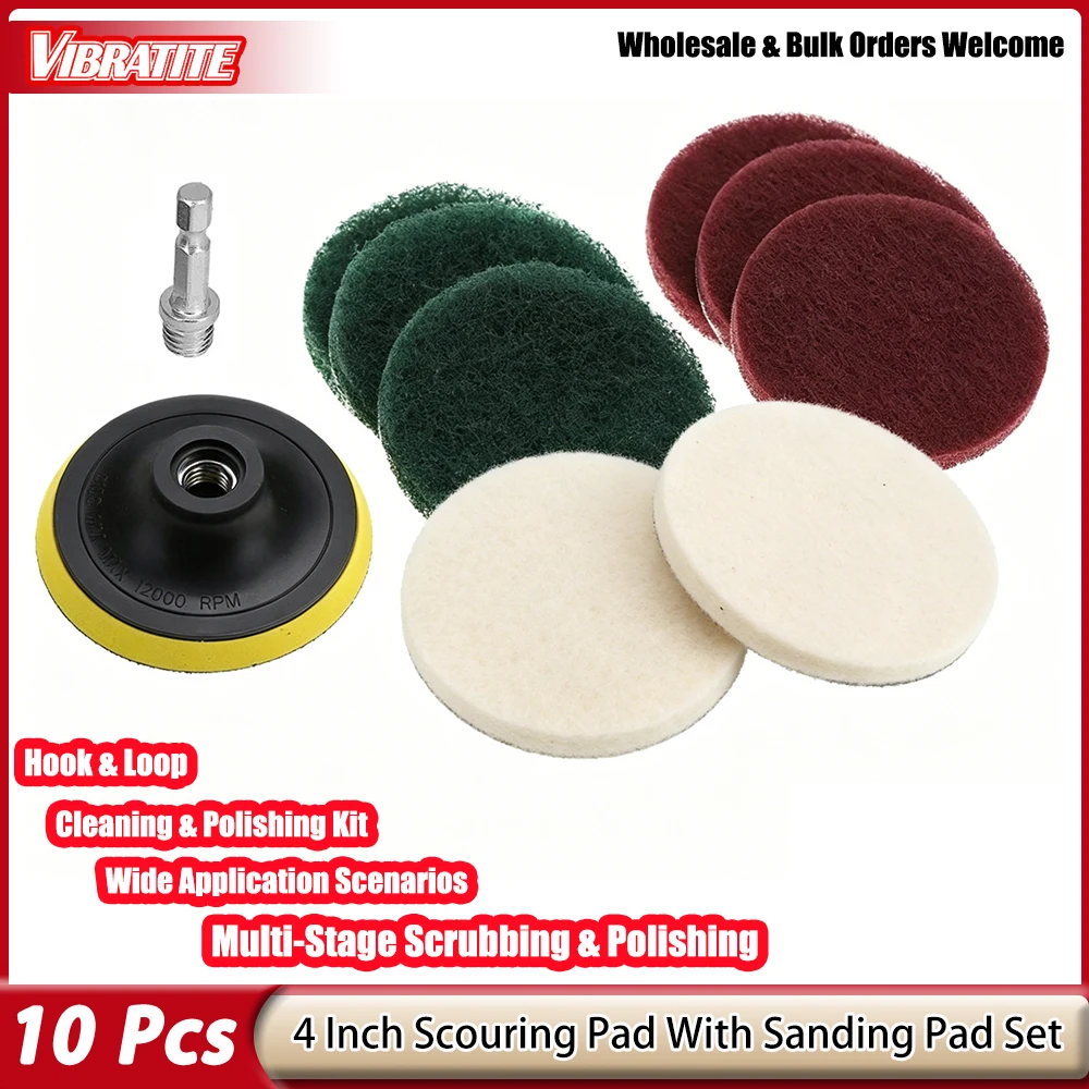 10Pcs 4 Inch Scrub Wool Polishing Pad Kit With Sanding Pad Drill Attachment Set for Metal Glass Wood Cleaning