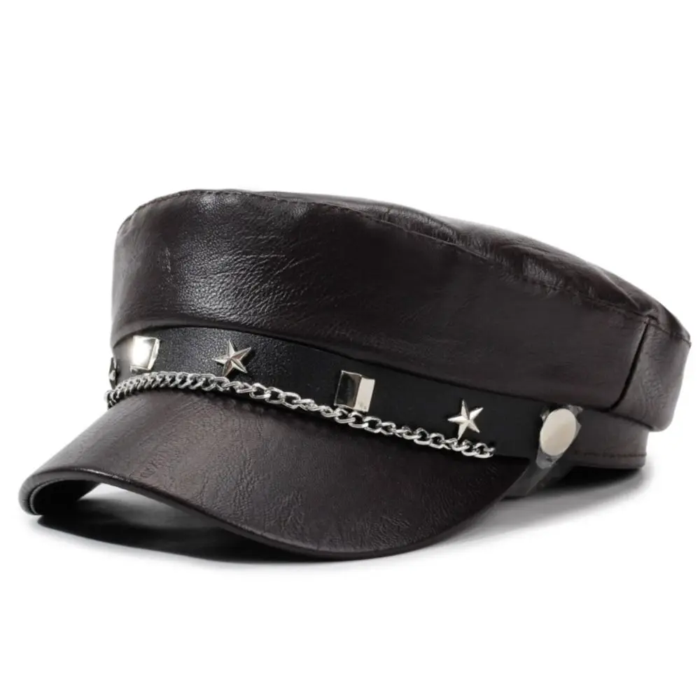 Fashion PU Leather Newsboy Hat Metal Chain Decor Solid Color Baker Boy Cap Star Strap Casual Flat Top Cap Street Style