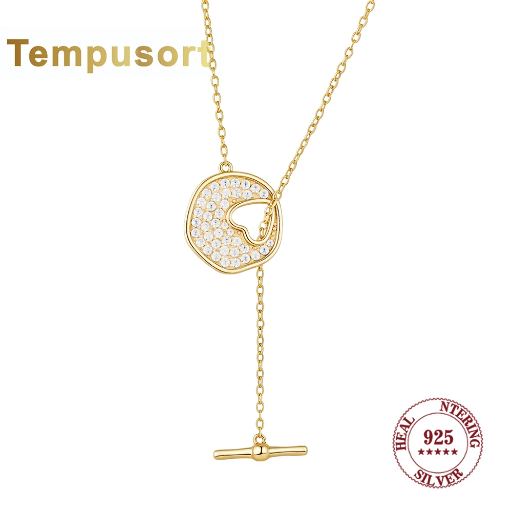 

Tempusort стерлингового серебра 925 пробы, сверкающие стразы, ожерелье, уникальный нерегулярный кулон в виде диска и стержня, модная цепочка, ювелирные изделия для женщин