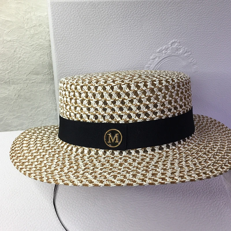 Xiao Xiangfu Che Ma High-end Black and White Plaid Wide Brim Flat Top Hat for Women, Spring and Summer Straw Hat, Sunshade Hat