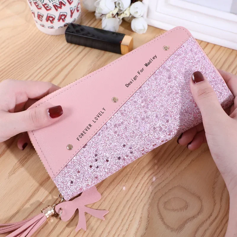 

Women's PU Leather Glitter Wallet with Sequins & Patchwork, Long Clutch Coin Purse, Girls Gift Bag Fashion Accessory