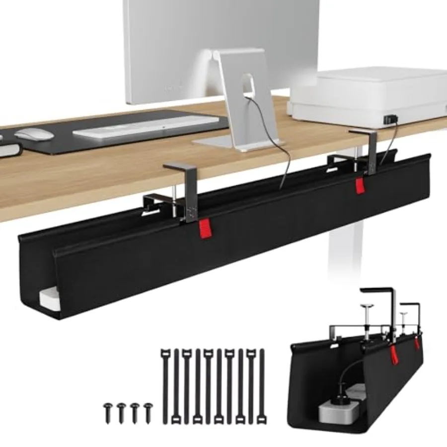 

Extra Large 48 Under Desk Cable Management Tray for Office/Home - Fabric Wire Management with Clamp/Screw Mount - Supports Up t