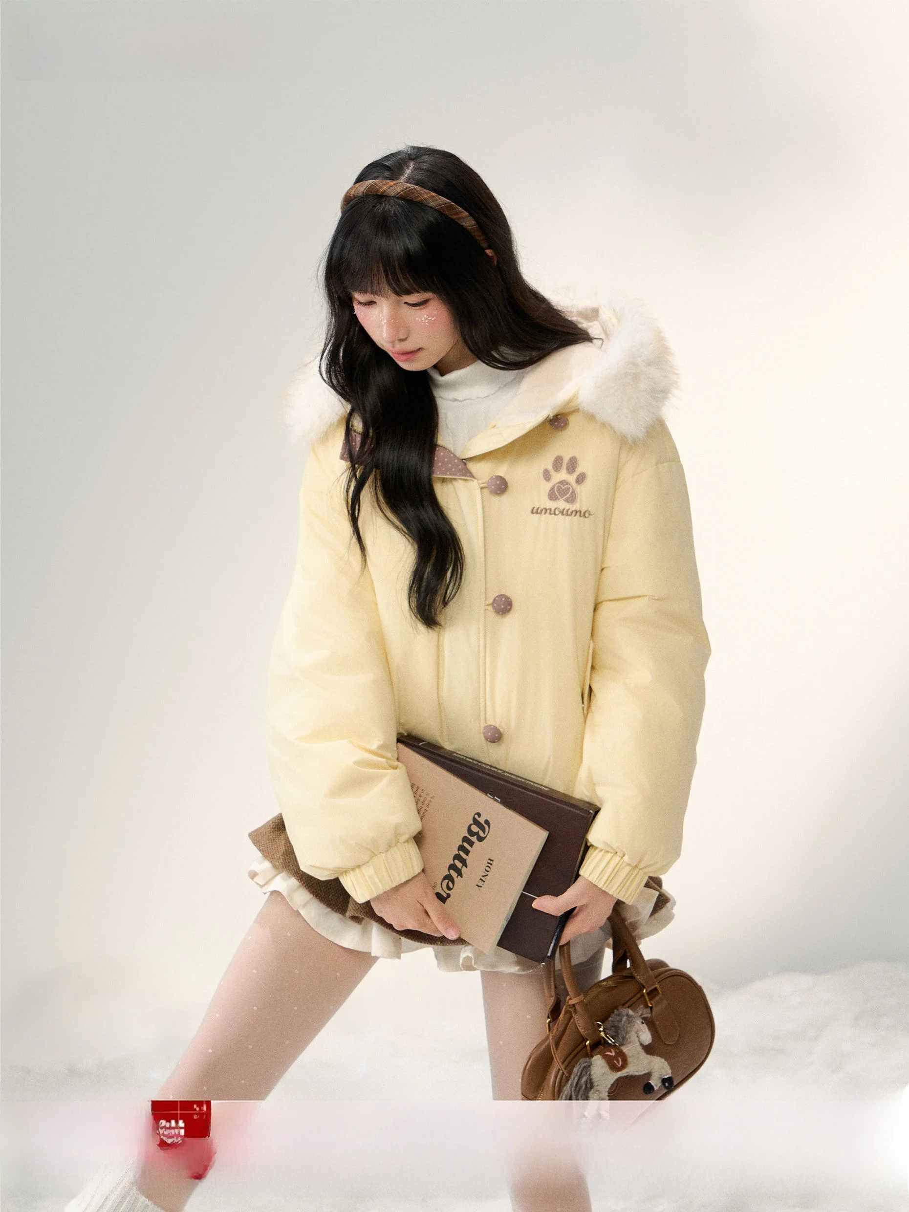 

Пуховая парка Umoumo Sweet Sle Du с вышивкой, декоративным капюшоном и меховым воротником, белая, с наполнителем из пуха, для молодых женщин