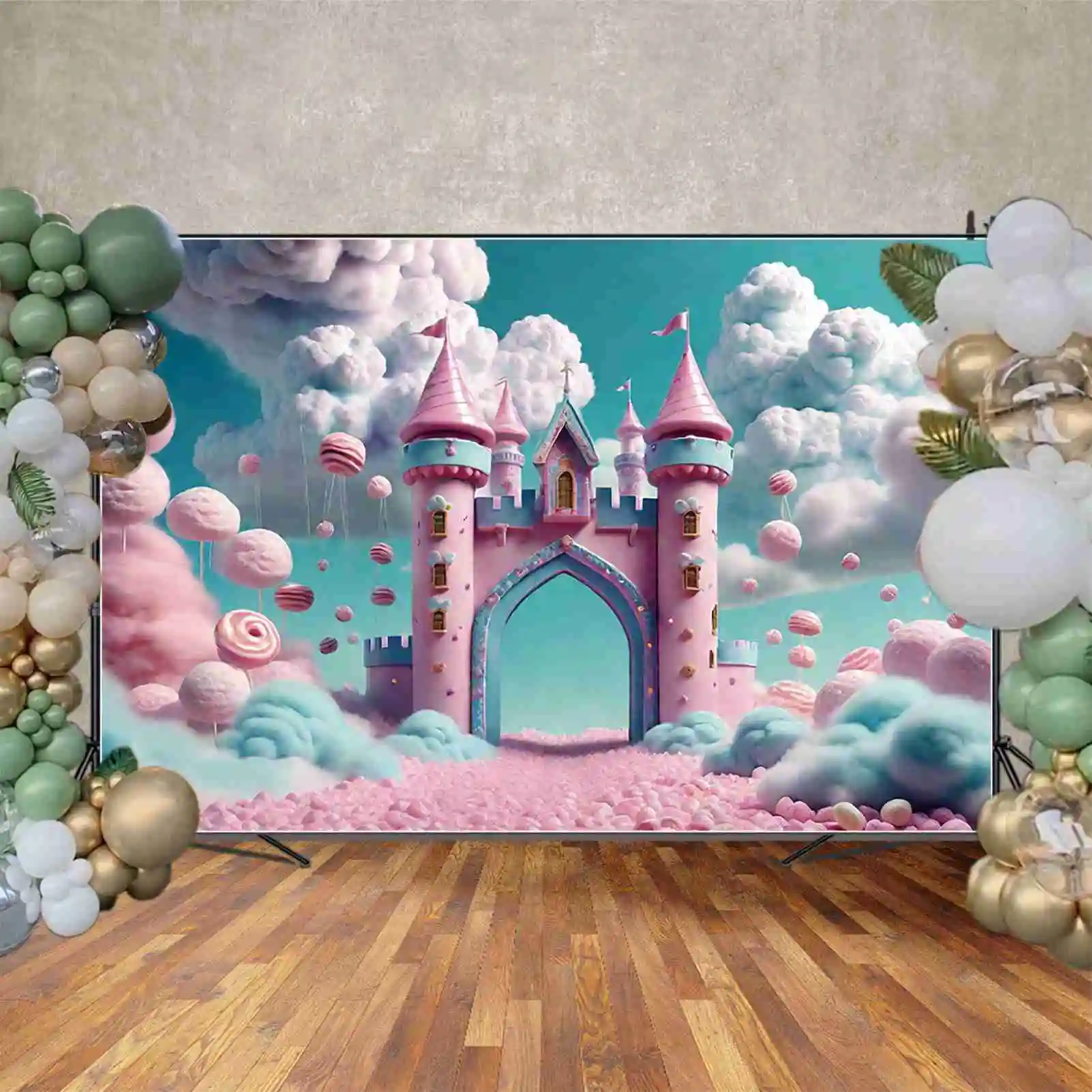 MOON.QG Candyland Arch Castle First Birthday Backdrop Baby Shower Clouds Candy Floss Background Sign Princess Photography Props