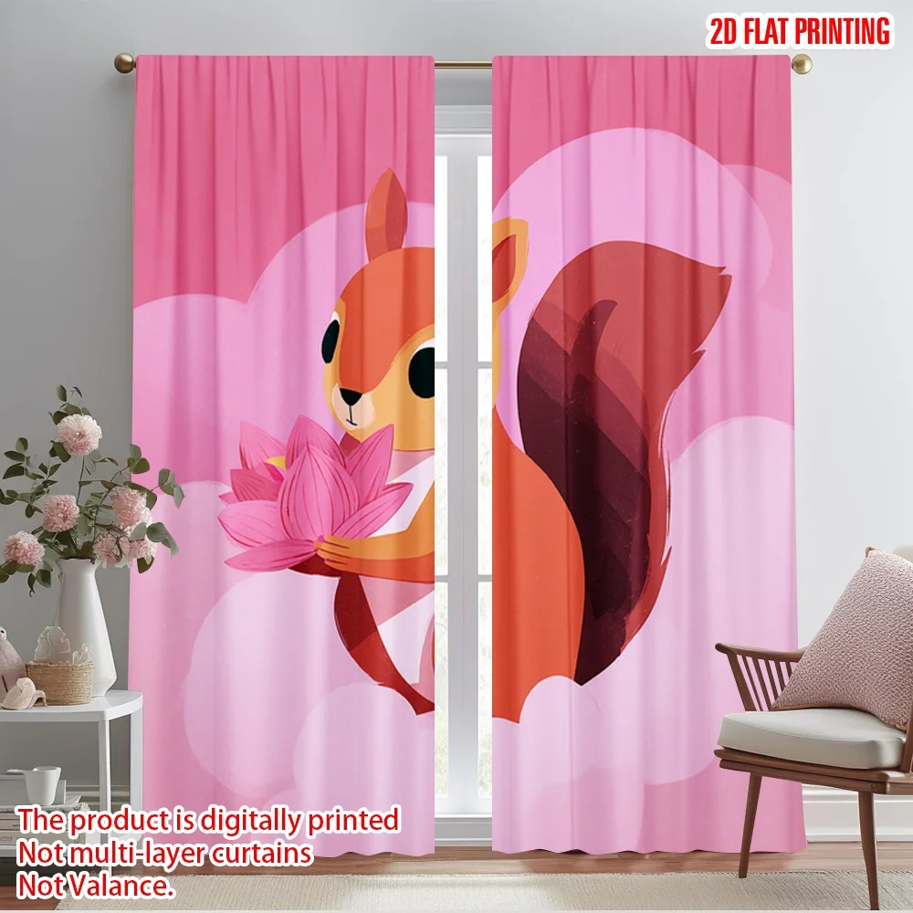 

2pcs 2D flat printing Window Treatment Curtains Cute squirrel holding lotus 100% Polyester Without Electricity 0 for Living Room