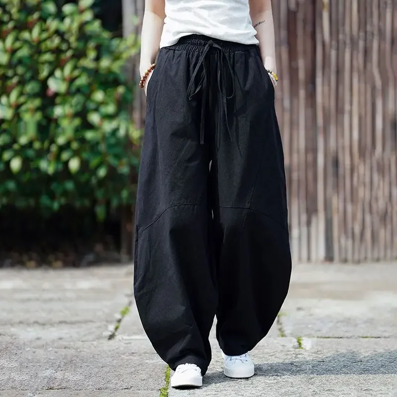 casual trendy linen men's wushu pants vintage big size loose wide leg lentern pants breathable comfortable tai chi trousers