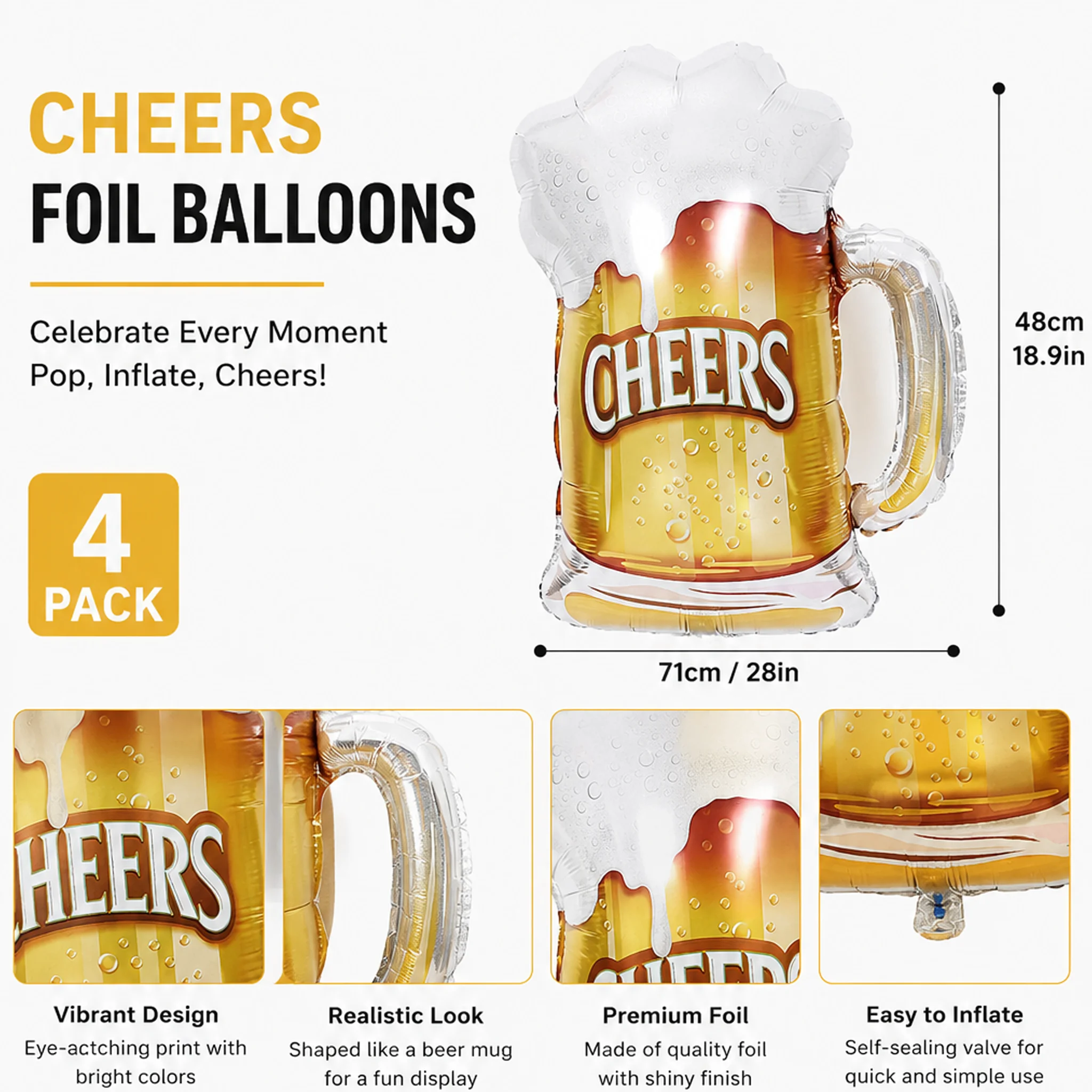 Cheers Beer Mug Foil Balloons, 28x18.9 Inch, Golden Beer Stein Shape, Party Decor for Oktoberfest, Bachelor, 4 Pack - view 2