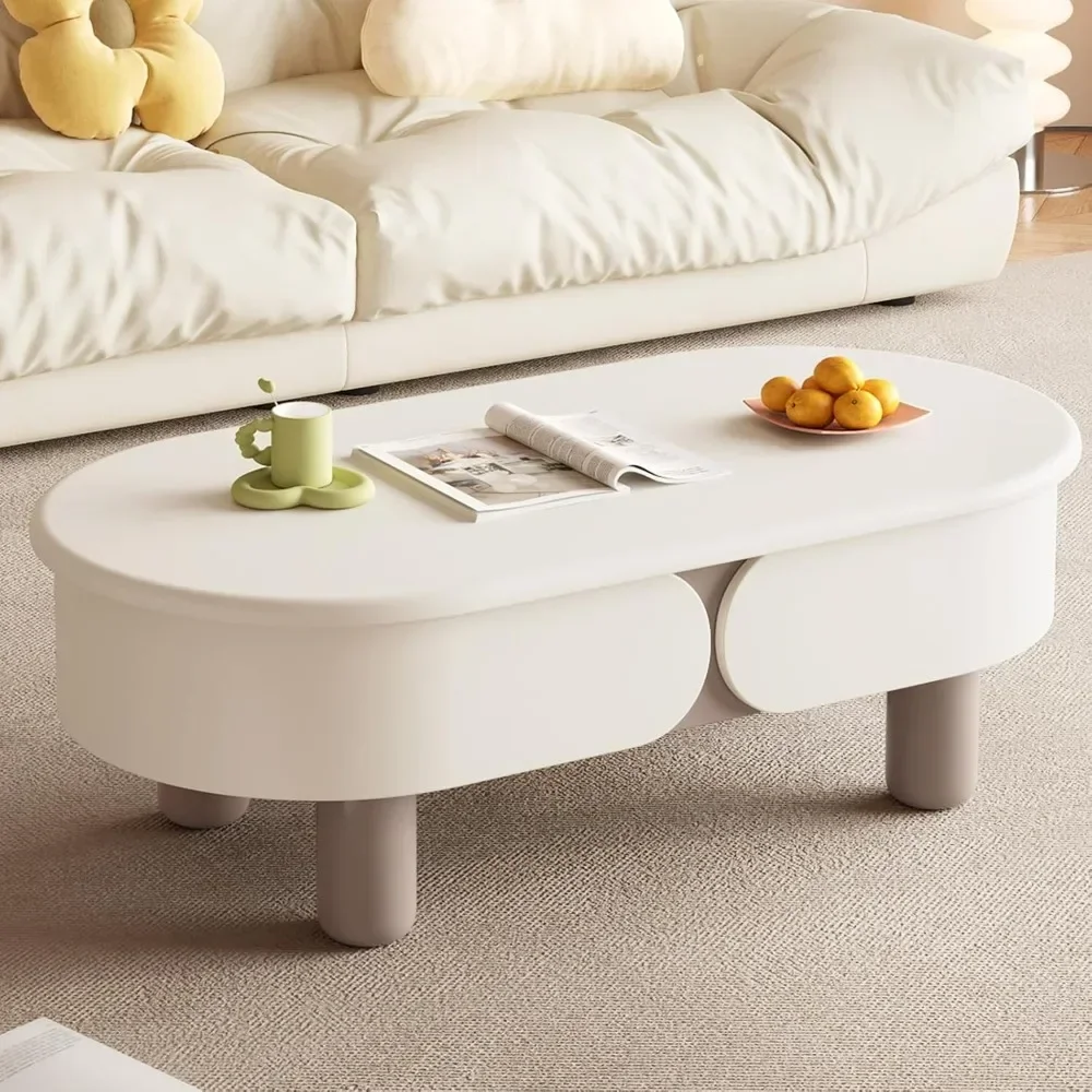 Creme Lift Top Coffee Table para sala de estar, espaço de armazenamento, mesa de café baixa sólida para quarto, mesa de chão creme