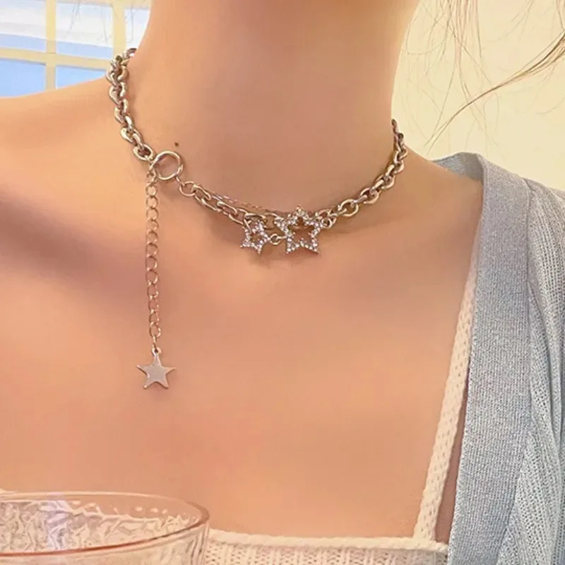 Y2K Star Zircon Pendant Necklace for Women Luxury Sweet Cool Girl Punk Heart Clavicle Chain  2023 New Fashion Jewelry Party Gift