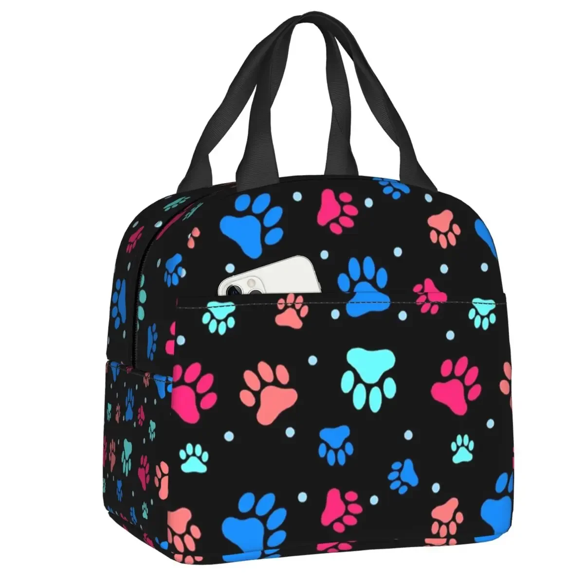 Custom Sparkle Rhinestone Dog Paw Insulated Lunch Bags for Women Portable Thermal Cooler Food Lunch Box Outdoor Camping Travel