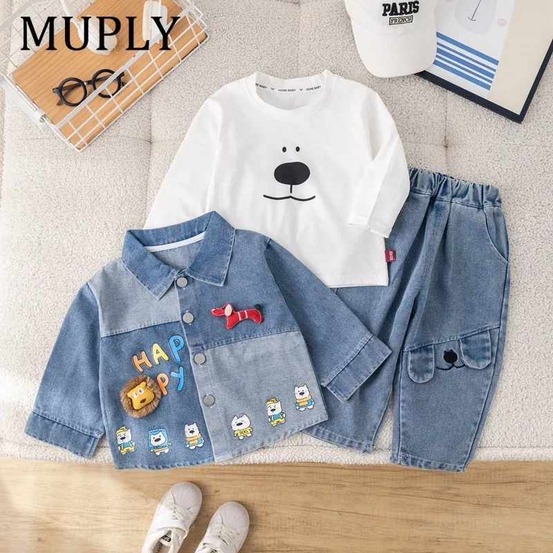 Children's Clothing Boys Spring Autumn Outfit 2026 Cute Cartoon Denim Coat + White T-shirts + Pants Three Piece Set Kids Clothes