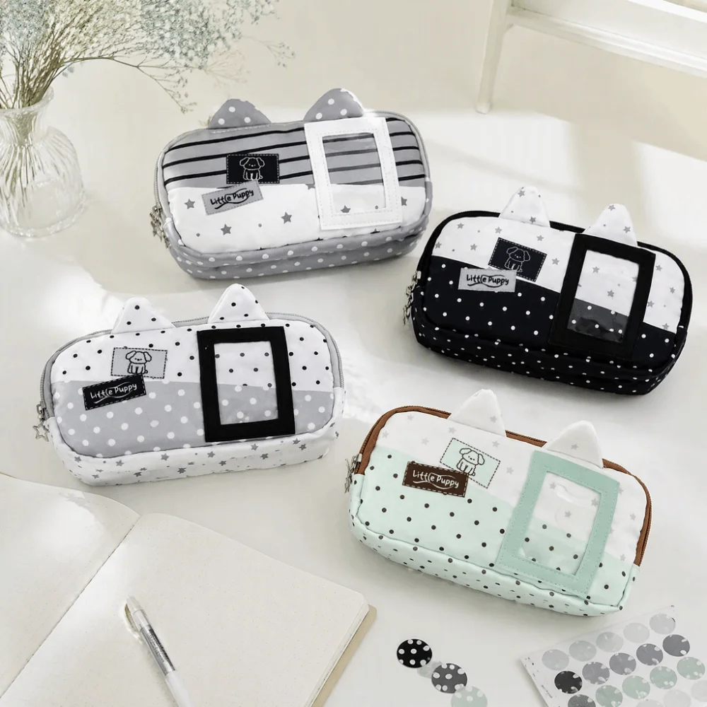 Pencil Pouch Polka Dot Pencil Case Desktop Storage Large Capacity Korean Style Cat Ears Pen Bag Simple Multi-functional
