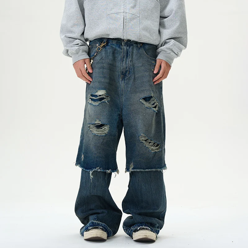 

Рваные сращенные нигарские джинсы, мужские потертые свободные широкие джинсовые брюки с необработанными краями, мужские брюки