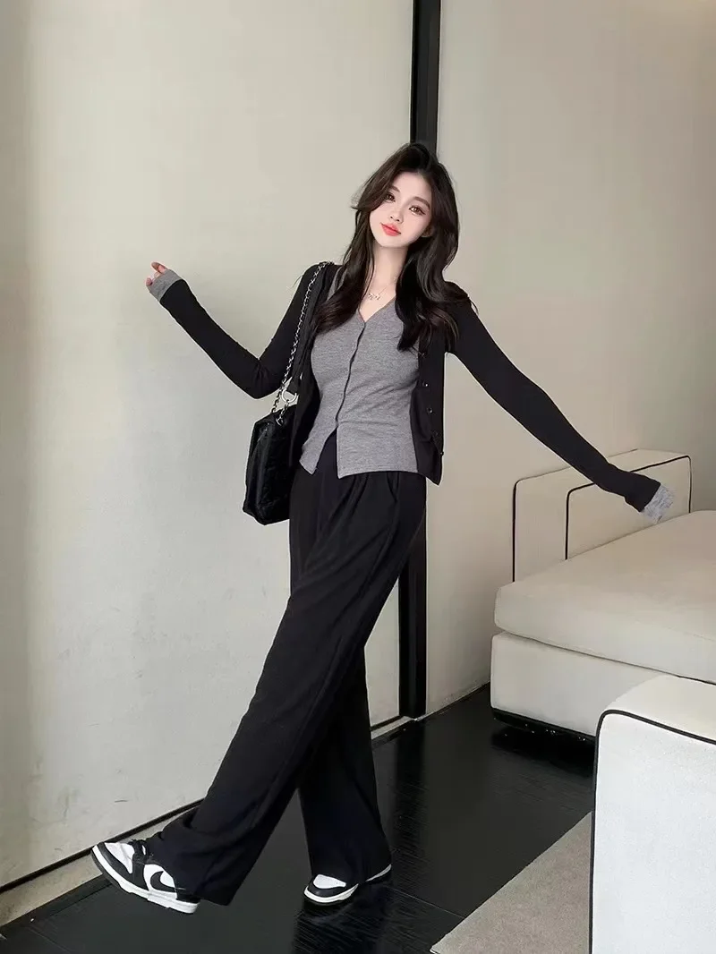 بالإضافة إلى حجم عارضة كسول نمط مجموعة المرأة الخريف سترة مفتوحة أعلى بالإضافة إلى حجم عالية الخصر بنطال ذو قصة أرجل واسعة قطعتين مجموعة