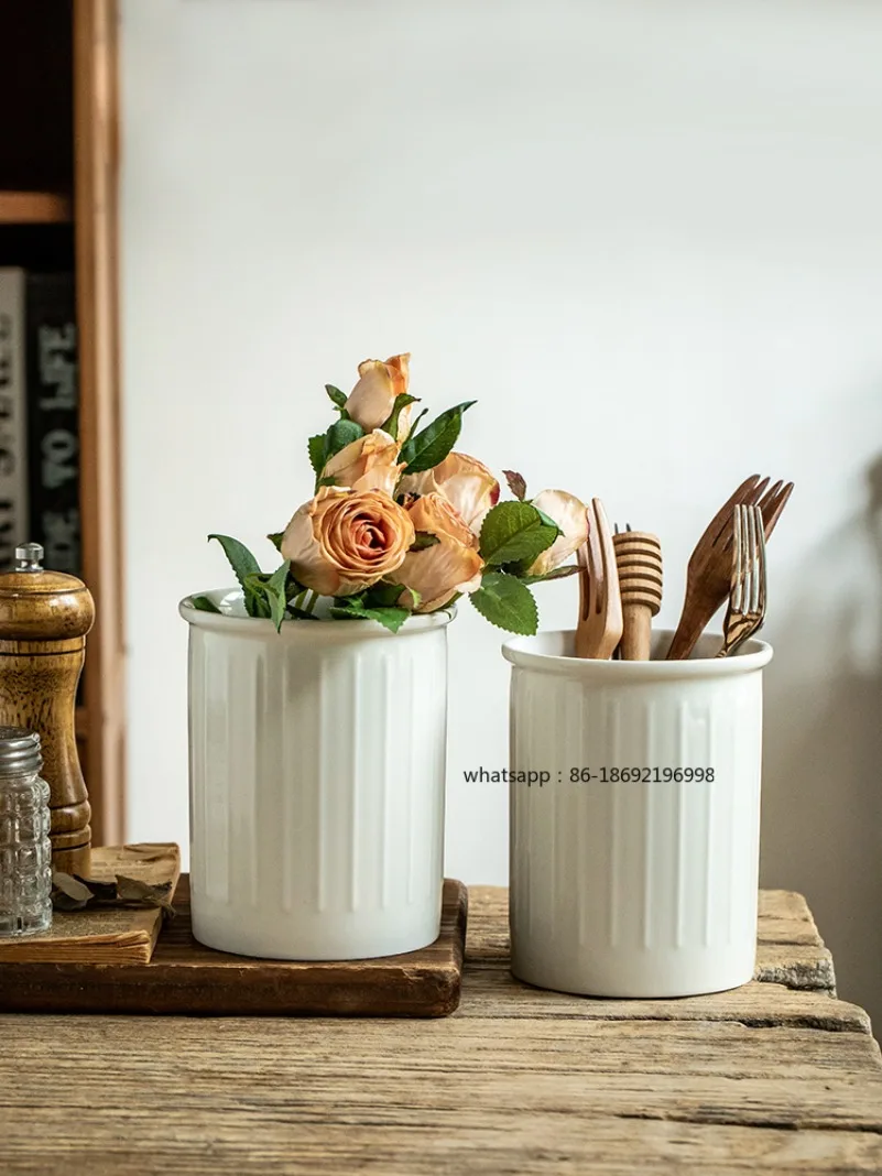 Simple and Stylish Relief White Chopstick Tube Ceramic Flower Insert Kitchen Knife, Fork and Spoon Storage Jar Ornament