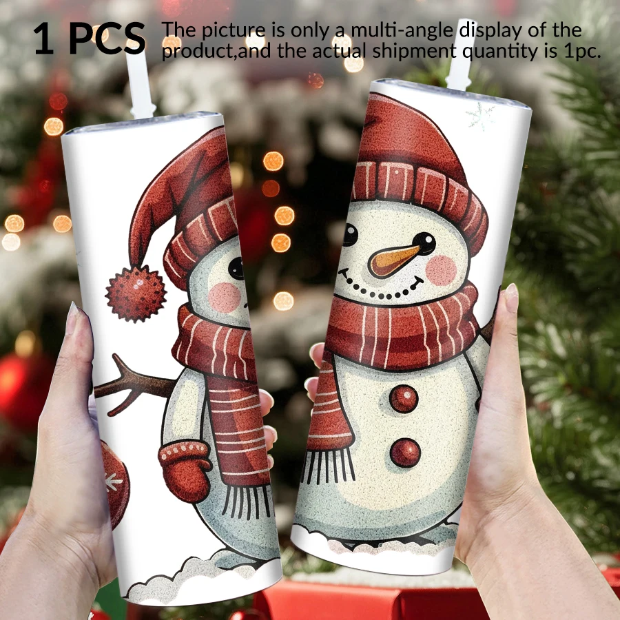 1pc 20Oz stainless steel straight cup with straw cover Christmas snowman elements suitable for Christmas and Halloween as gifts.