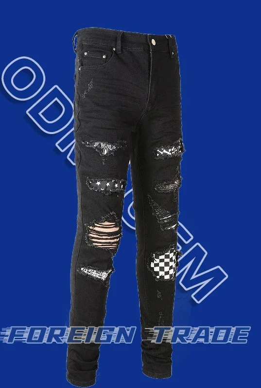 Jeans Men Hole Denim Pencil Pants Distressed Washed Patchwork Folds Straight Denims Skinny Ankle Length Trousers Streetwear