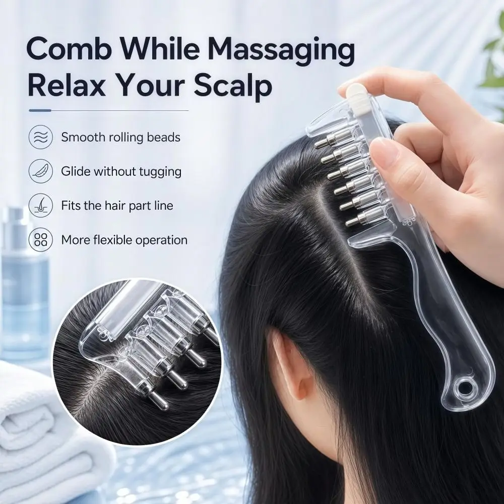 Transparent Essential Oil Applicator Massage Comb 6-Tooth Precise Liquid Guiding Scalp Massager Comb Rolling Metal Teeth
