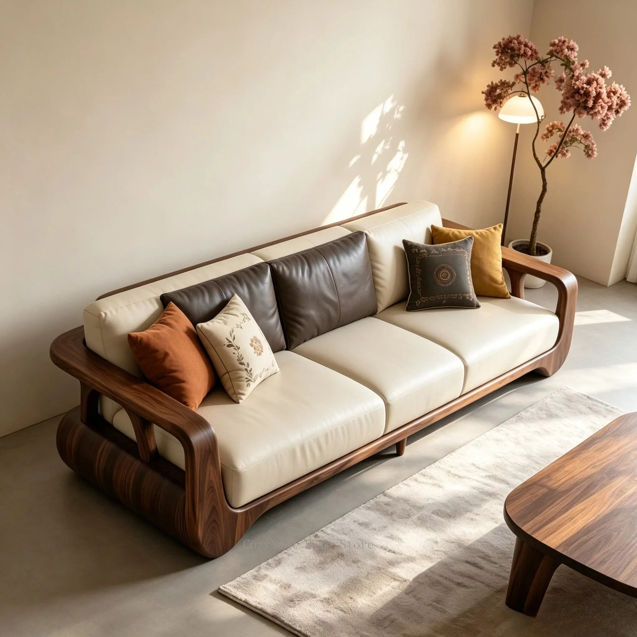 Song-style black walnut leather sofa, modern simple solid wood furniture, can be customized design