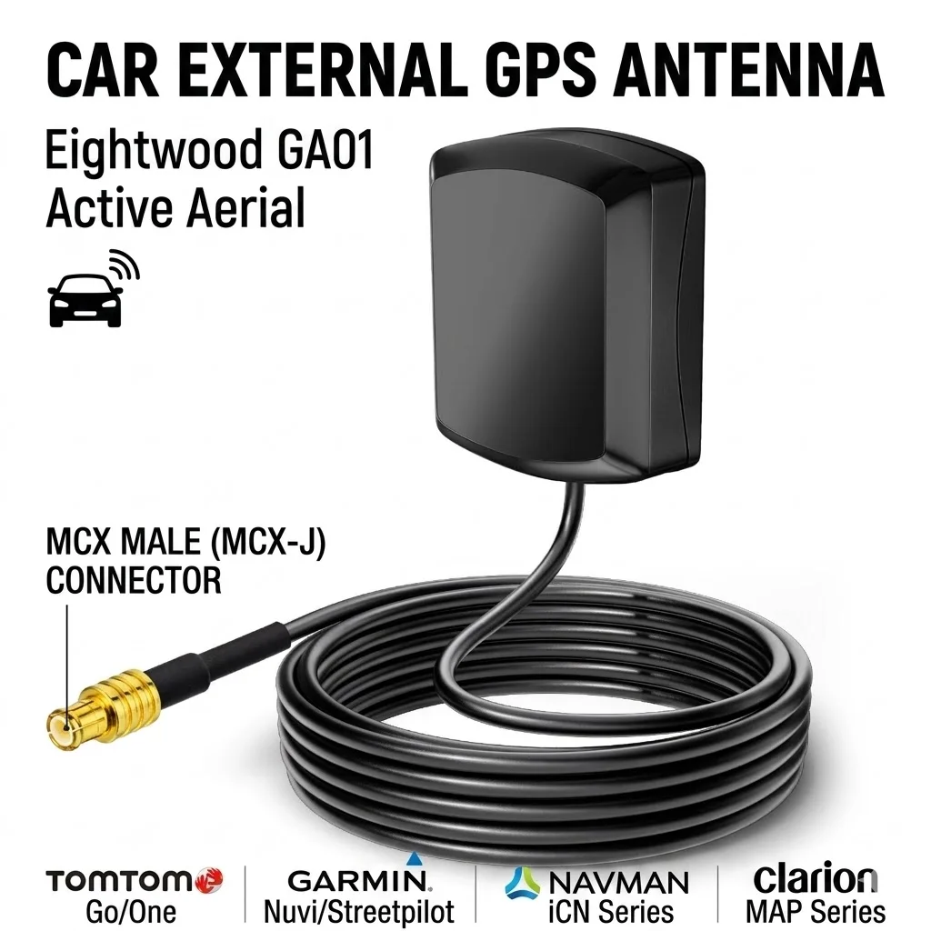 Antena GPS Externa para Automóvil Eightwood con Conector Macho MCX 1575.42±3 MHz, Antena Activa de 3 Metros GA01 para Clarion, TomTom, Garmin, Navman